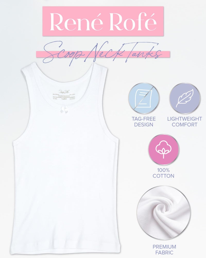 Rene Rofe Girls Tank Tops - 6 Pack 100% Cotton Scoop Neck Tank Tops for Girls - Classic Sleeveless Undershirts (Sizes: 2T-14), Size 14, White - Image 2